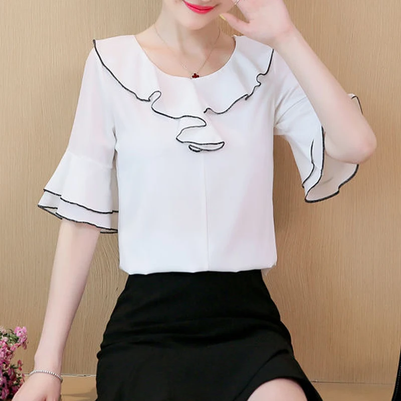 Ruffle Sweet Chic Short Sleeve Slim Chiffon Shirts New Summer Korean Fashion Round Neck Solid Top Blouse Women Blusas Para Mujer