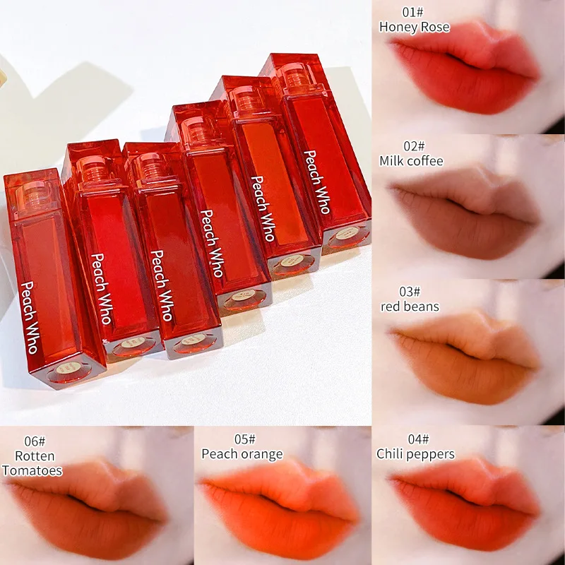 PEACHWHO Ruby Velvet Foggy Lip Glaze Matte Lip Stain Moisturizing Longlasting Waterproof Natural Smooth Silky Lipstick Cosmetics