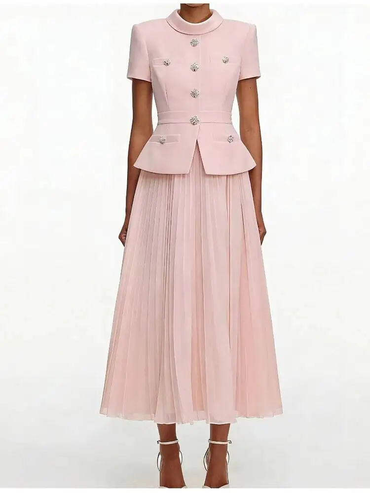 Elegant 2 Pieces Set Short-sleeved Jacket Round Neck Buttons Top + Waist-cinching Pleated Skirt 2026 Summer UV4L