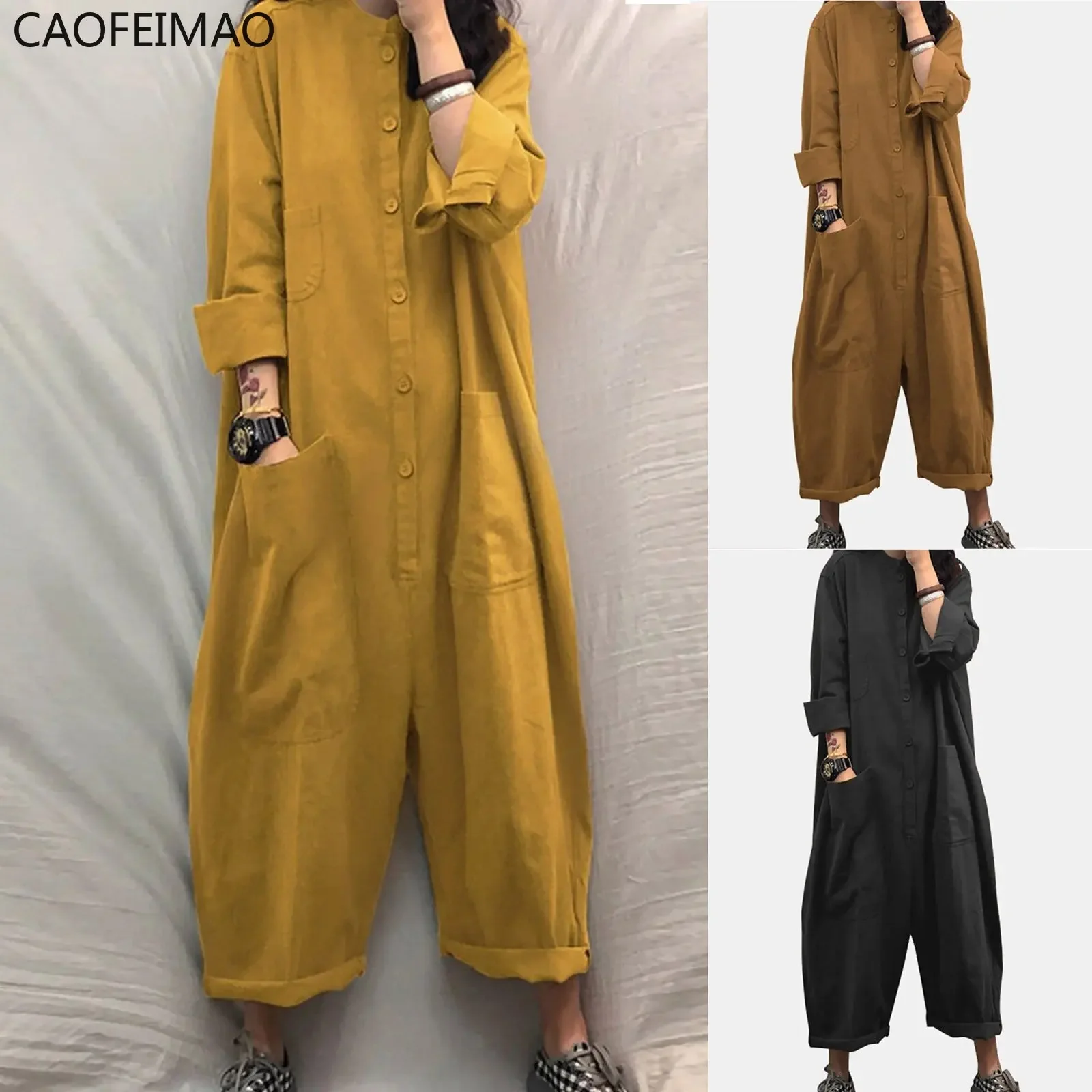 Caofeimao Women Jumpsuit 2023 Female Oversized Romper Autumn Loose Pockets Overalls Casual Solid Stand Collar Bottom