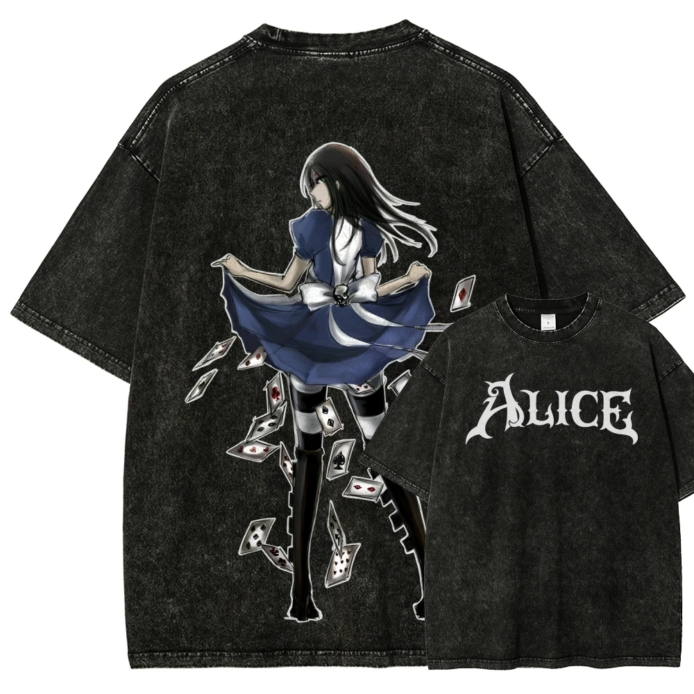 Alice im Wunderland Anime-Grafik-T-Shirt Vintage-Washed Anime-Merch Harajuku Unisex Oversized Rundhals Baumwolle Kurzarm-T-Shirt – Detail 5