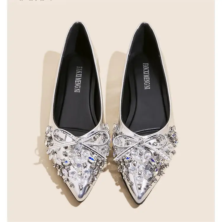 

Women's Summer Ballet Flats Crystal Rhinestone Bow Pointed Toe Fashion Gold Silver Black Patent Leather Women's Mary Jane Shoes
