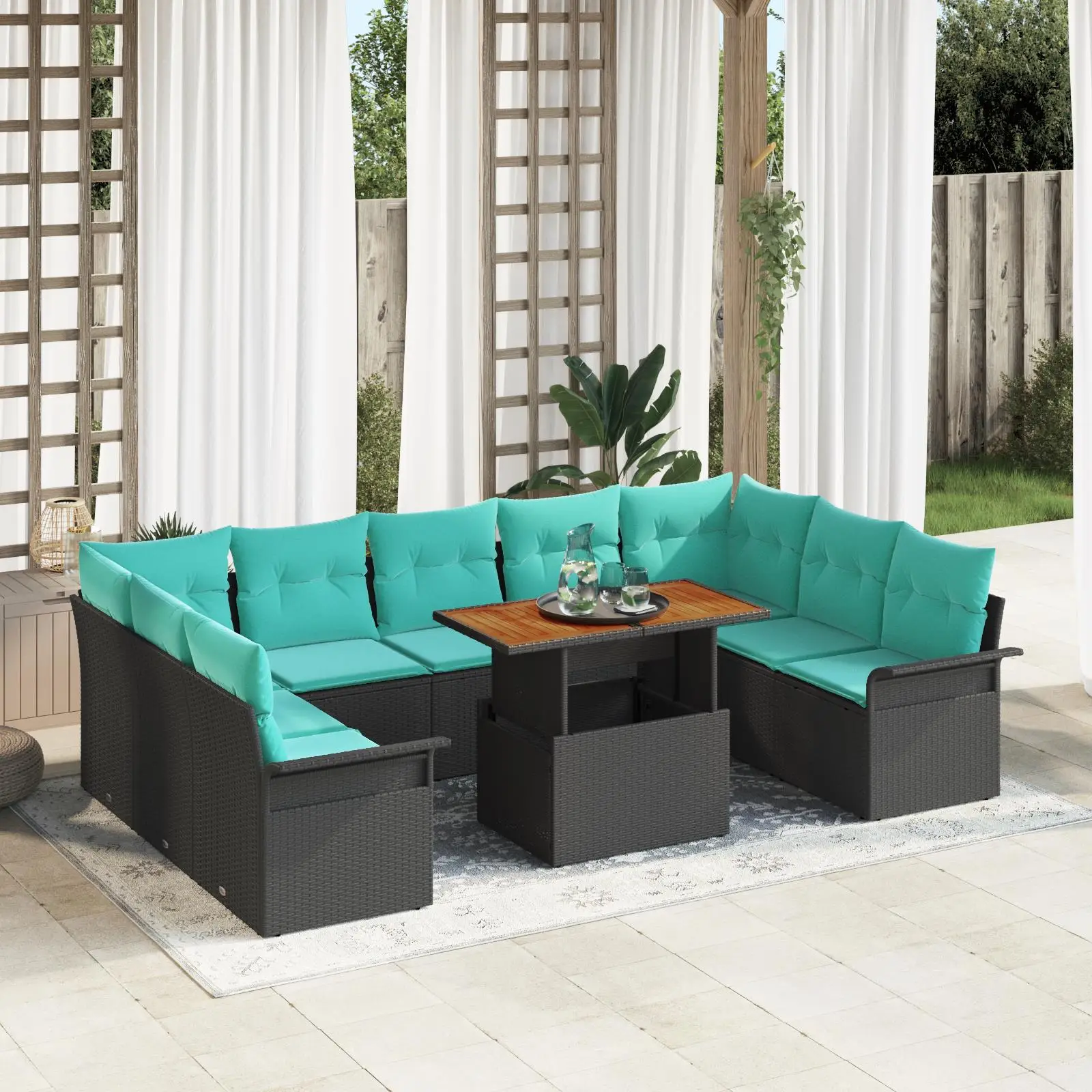 

Outdoor 10 Piece Sofa Set with Cushions Black Poly Rattan and Acacia Wood Garden Furniture