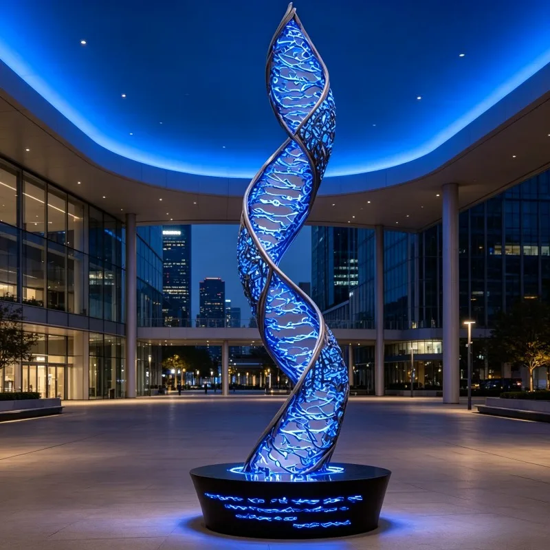 LED Glowing Double Helix Stainless Steel Sculpture Custom Landmark Decor For Outdoor City Square Park Night View Landscape