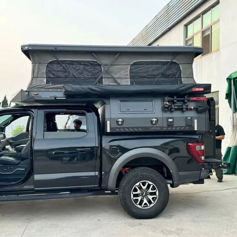 Universal Aluminum Pop up Pickup Truck Camper Hard Shell Slide-in Truck Bed Camper Box for 4x4 Off-Road Overland Camping