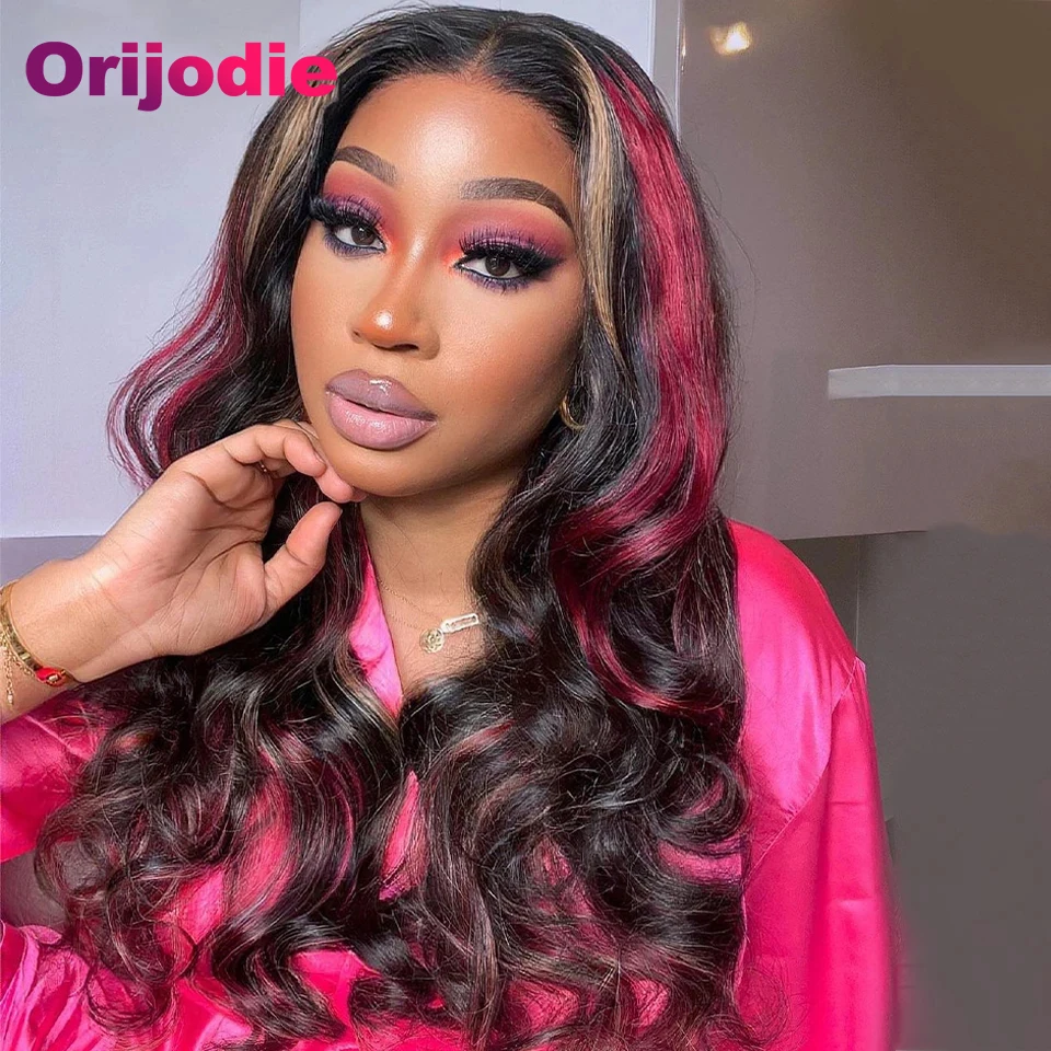 Highlight Red with Blonde Stripe Body Wave Human Hair Wigs Transparent 13x4 Lace Frontal Remy Hair Wig Brazilian Hair 180density