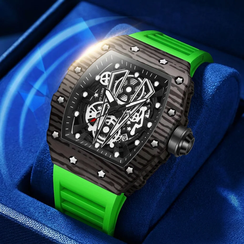 

1pcs Square Wristwatch Green Silicone Strap Hollow Mechanical Dial Star Decor Fashion Trendy Cool Stylish Casual Watch f