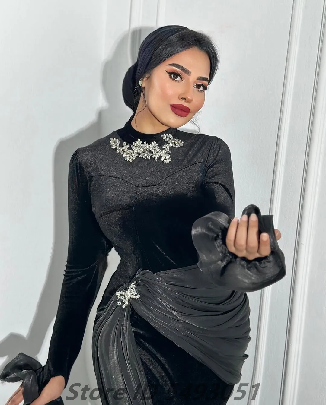 Robes de soirée sirène en velours noir pour femmes, manches longues, perles, col haut, saoudien, arabe, robe de soirée formelle, personnalisé, priorité, 2025