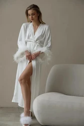 Robe de pena nupcial para noiva, vestido de casamento, Maxi Satin Robes, Boudoir branco Marabou, vestido longo de seda