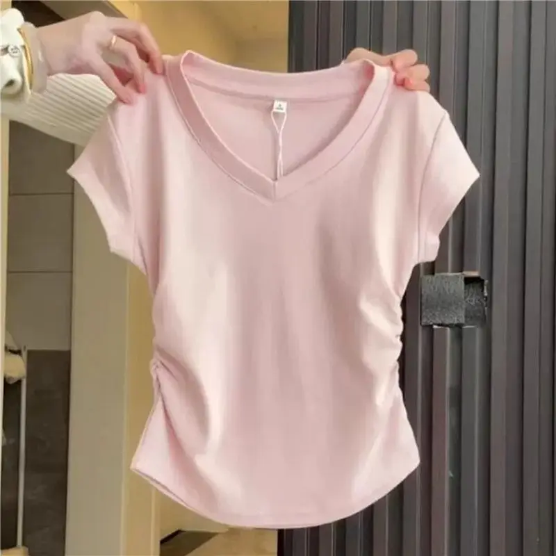 White V-Neck Short Sleeve T-Shirt Women's Summer New Style Waist-Cut Design High Waist Top Unique Style Not Repeating Pattern