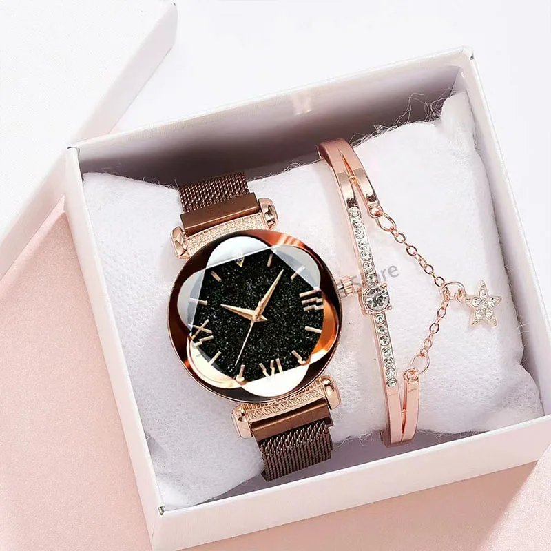 Iron magnet starry sky Roman faced women's watch magnet Milan with rhinestone women's watch bracelet set gift table