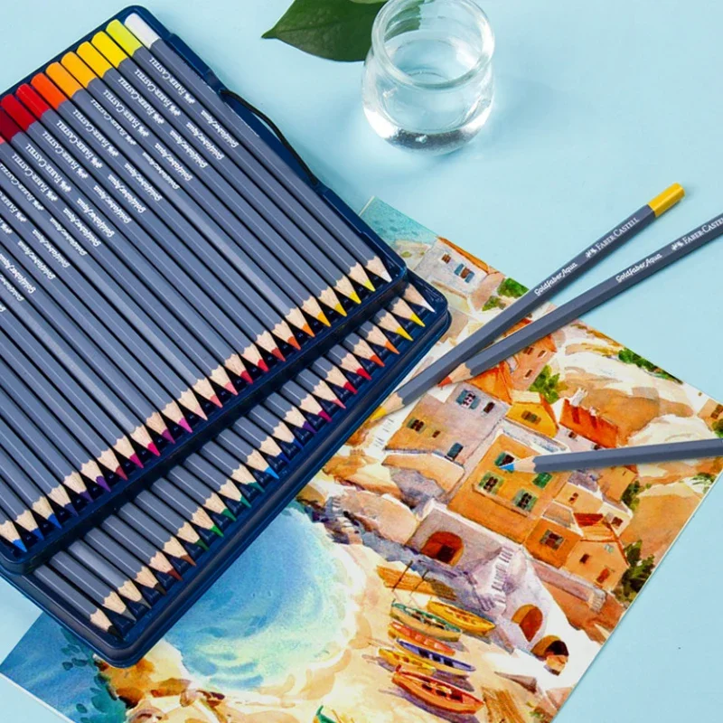 Faber Castell-Crayons de couleur solubles dans l'eau, boîte en fer bleu, croquis d'artiste, fournitures de dessin, 12 couleurs, 24 couleurs, 36/48 couleurs, 1146