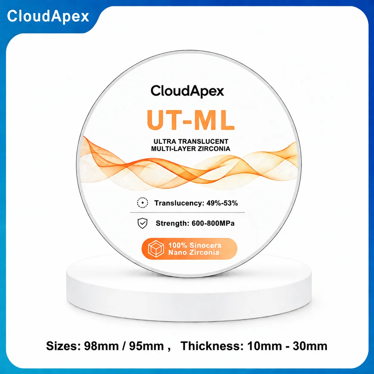CloudApex 98/95mm UT-ML Ultra-Translucent Multilayer Zirconia Block | CADCAM Milling Crowns & Inlays ≤ 3 Units