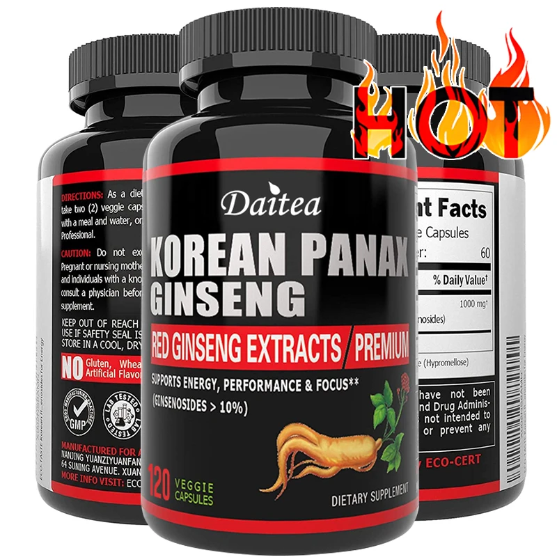 

Korean Red Ginseng Vegetarian Capsules - Balances Energy Levels, Reduces Stress, Helps Maintain Memory, Focus and Fights Fatigue