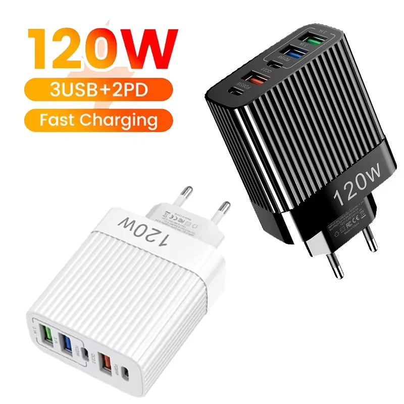 

120W USB C Charger 3 USB 2 PD 20W 5 Ports Fast Charging Wall Charger Type C Wall Charger For iPhone Xiaomi Mobile Phone Charger