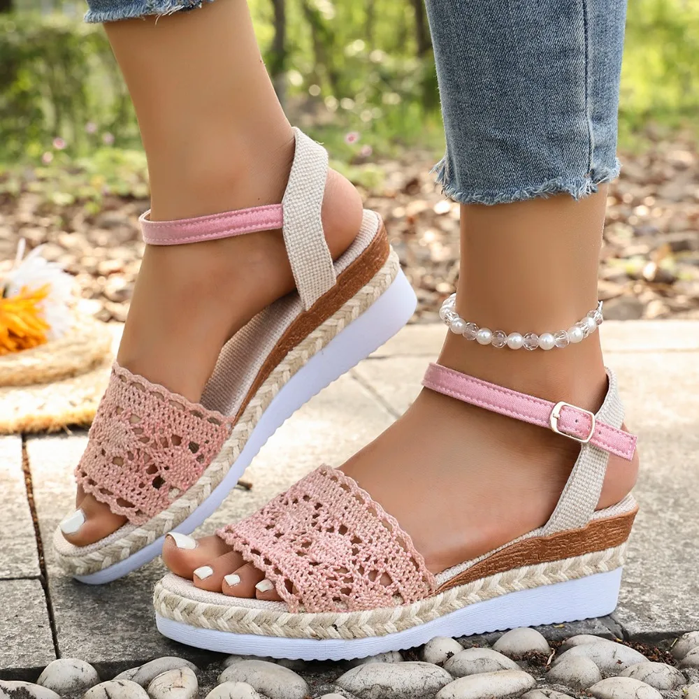 Damen-Sandalen mit Geflochtenen Knotenriemen, Knöchelriemen und Keilabsatz, Elegante Leinen-Plateausandalen für den Sommer