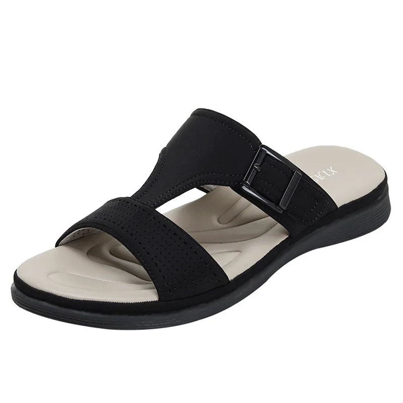 High quality leather flat sandals for women 3cm low heel new summer 2025 36 42 open toe casual beach shoe black pink beige