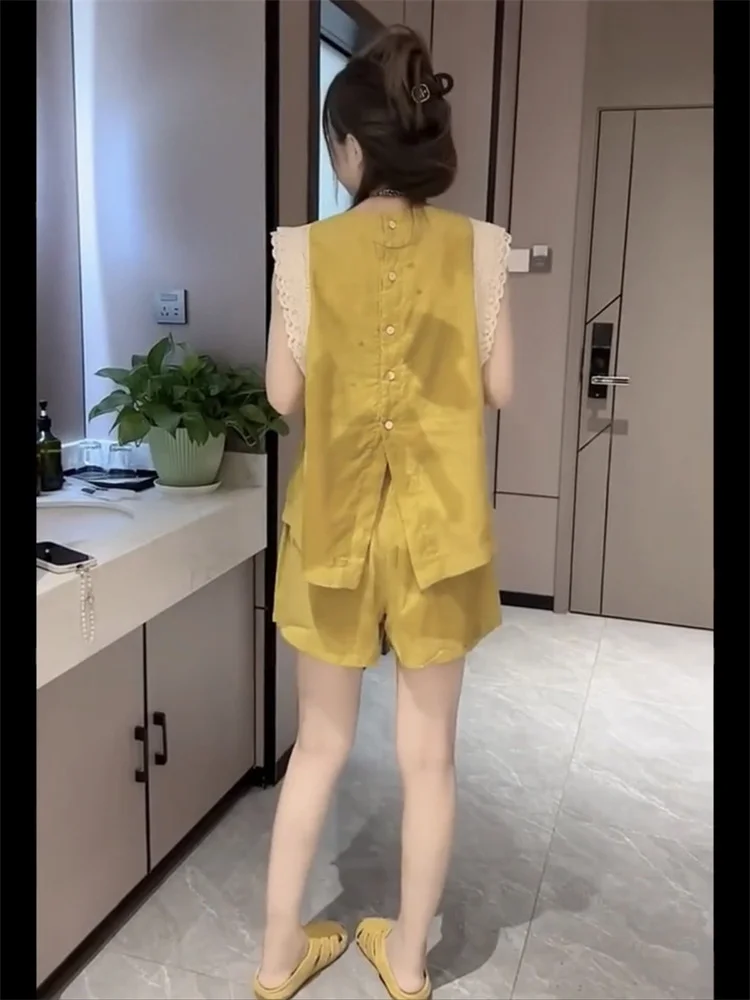 

2025 Summer New Linen Elegant Set for Women Lace Splicing Loose Button Design Split Short Sleeve Top +Casual Solid Shorts