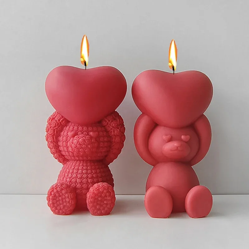 Hand Halten Liebe Bär Silikon Kerze Form 3d Nette Bär Seife Gips Handwerk Harz Beton Gießen Valentinstag Geschenk Machen