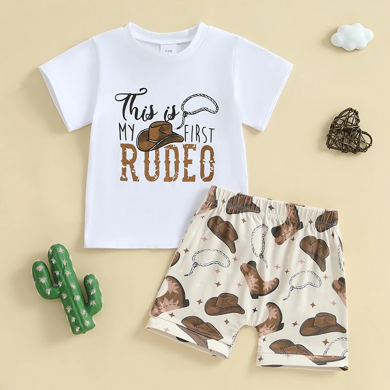 Baby Toddler Boy Western Outfit Letter Short Sleeve T-shirt Boot Shorts 2 Piece Summer Set