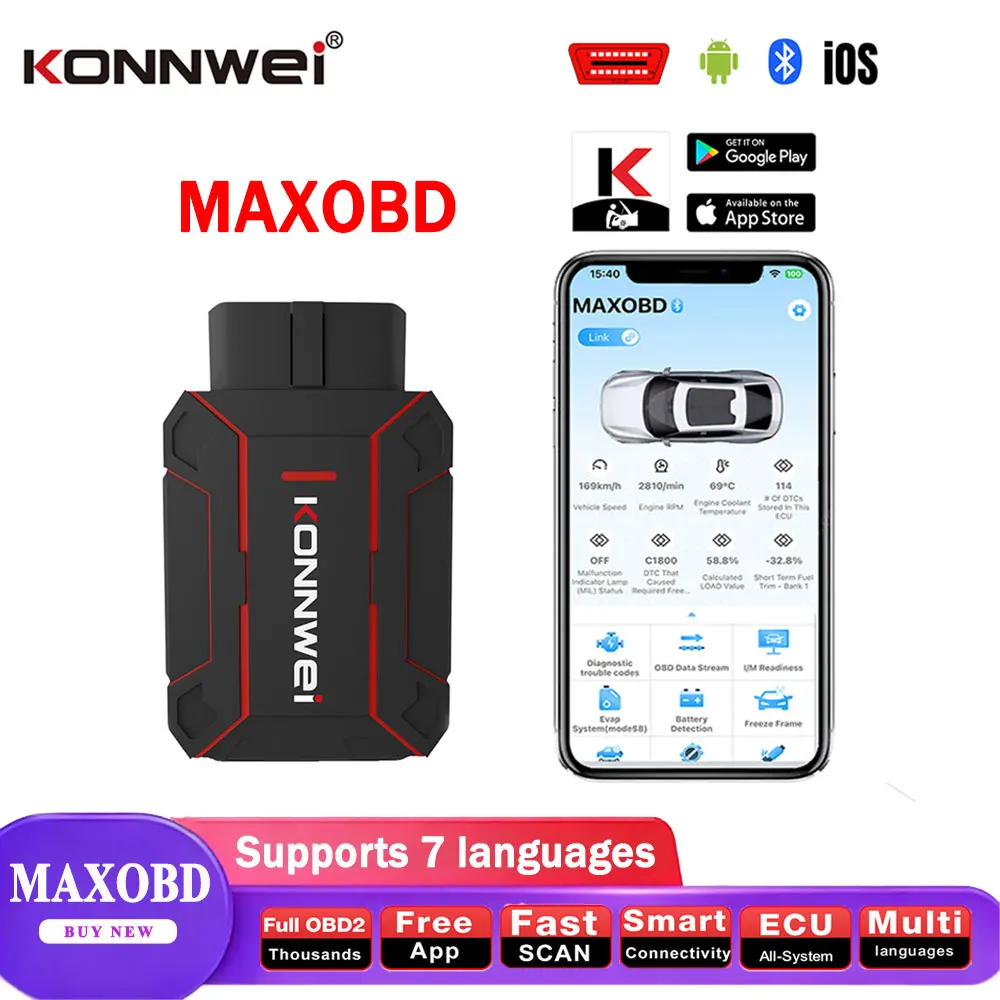 KONNWEI Car OBD Deep Scan Diagnostic Tool Bluetooth Connectivity MAXOBD Battery Monitoring Vehicle Monitoring Car OBD2 Scanner