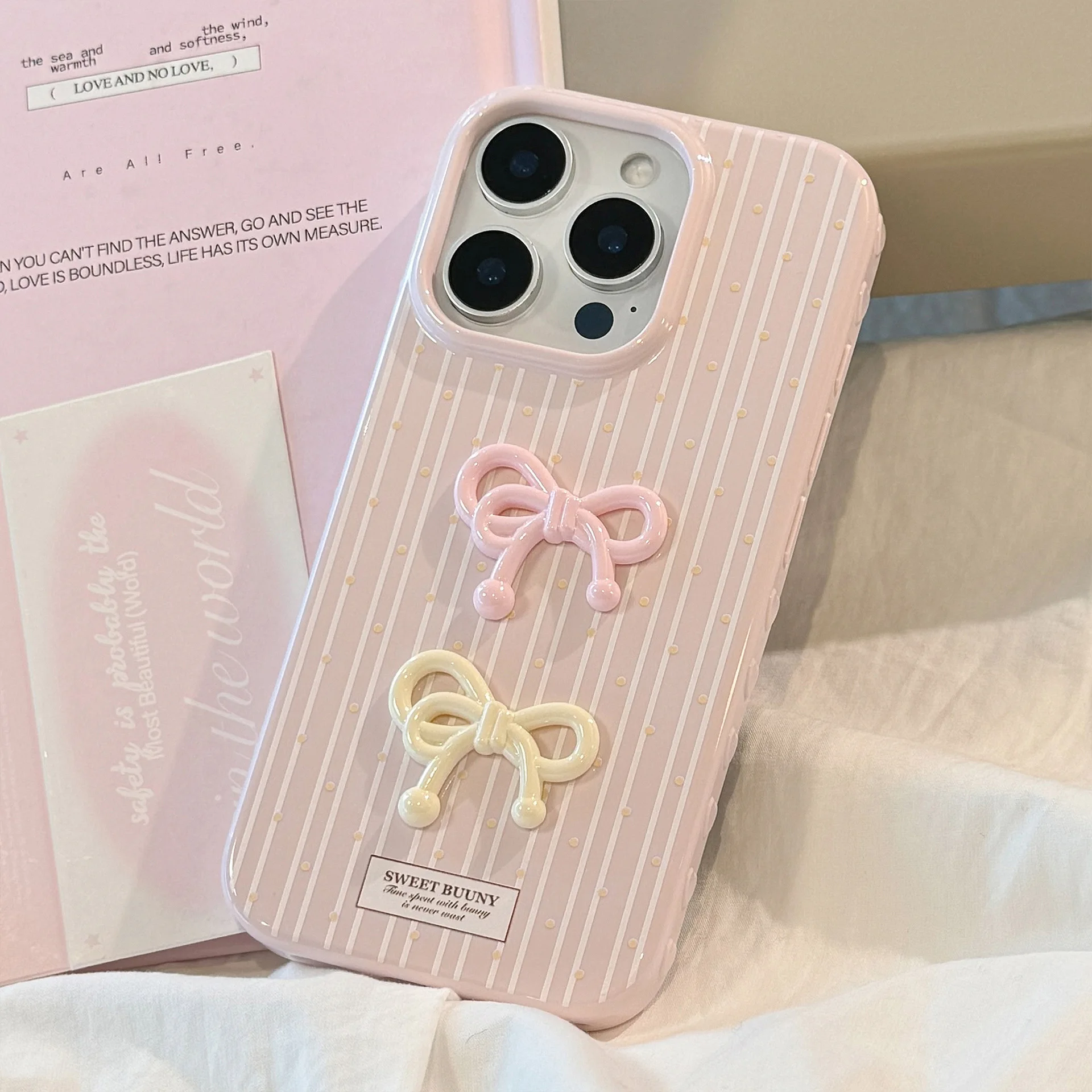 Koreanische süße 3D-Bowknot rosa gestreifte Wellenpunkt weiche Handyhülle für iPhone 16 15 14 13 12 Pro Max stoßfeste Schutzhülle