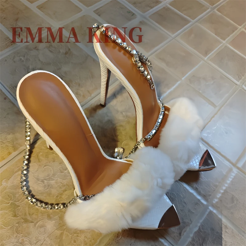 Rhinestone Chain Ankle Strap Sandals,Faux Fur Pointed Toe Stiletto Heel Sandals,Luxury Fluffy Fur Dress Pumps,Prom Party Shoes