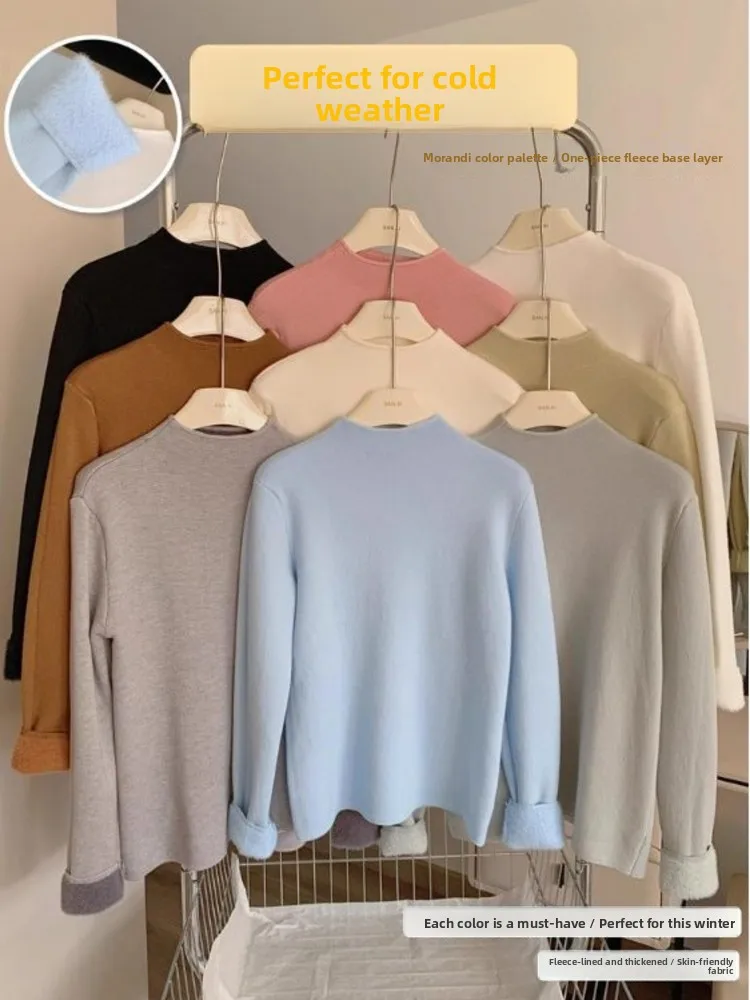 

Molandi Color Half High Collar Knitted Sweater Thickened Fleece Lined Base Layer Shirt Warm Inner Spring Knitwear Top
