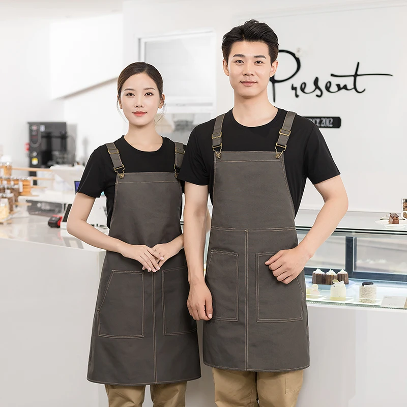 Customized Logo Pattern Polyester Cotton Canvas Apron Size 80cm*65cm Kitchen Aprons Mandiles Grill Apron  Bib with Pocket