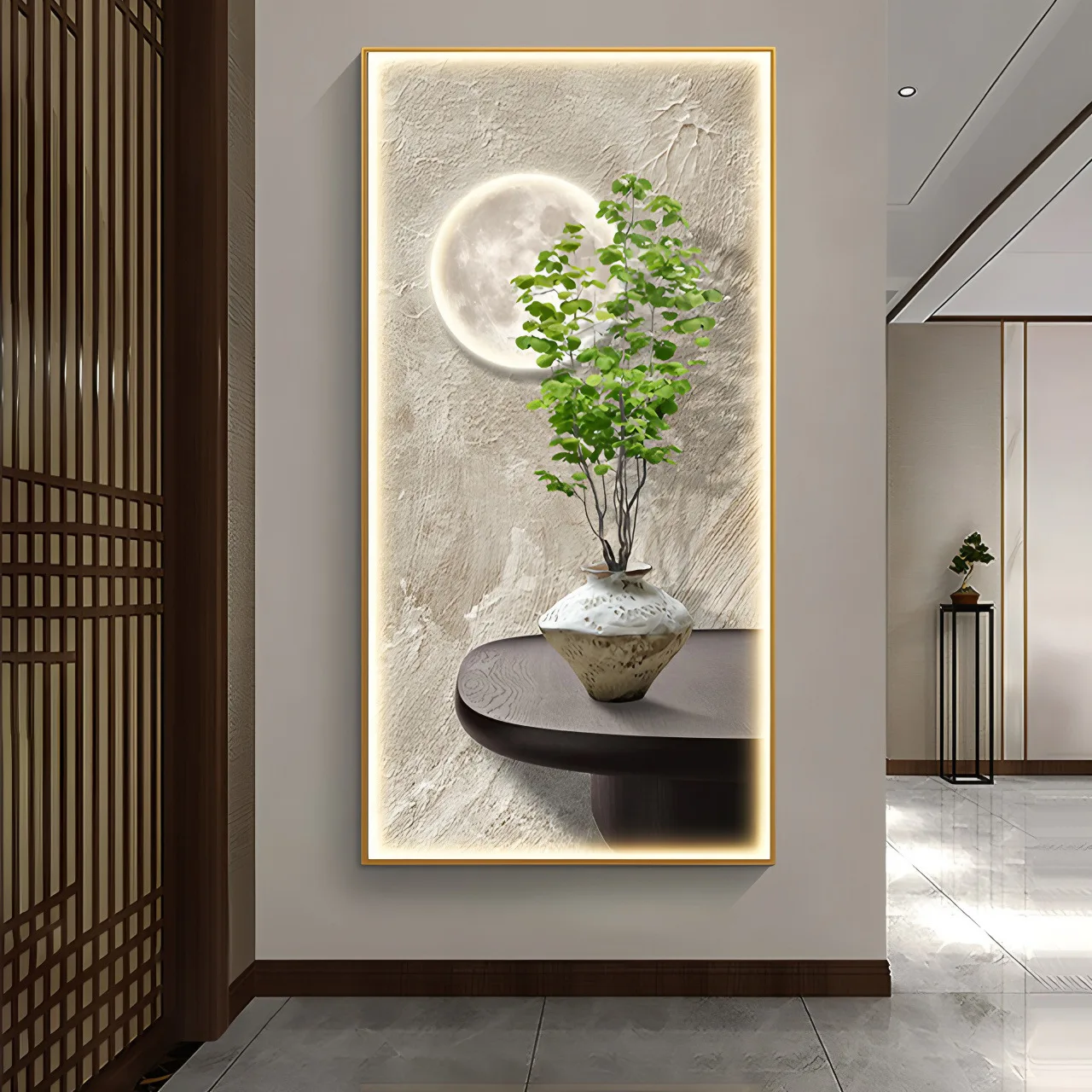 

Small fresh green plants entering the house Entrance lamp painting Decorative painting Modern simple corridor Aisle staircase