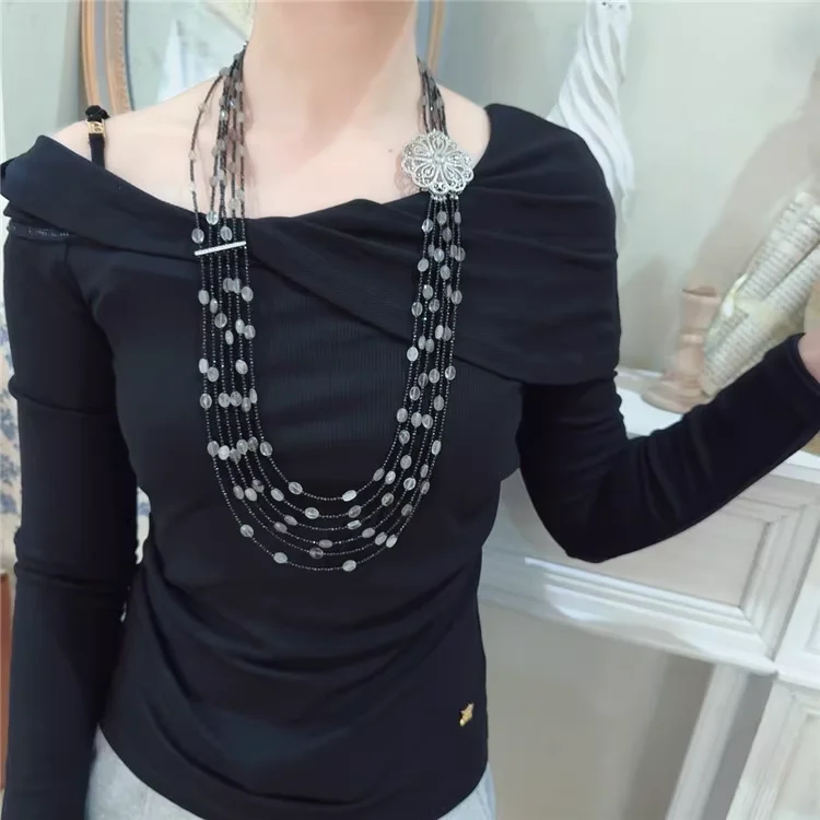 

Natural Black Spinel And Black Quartz Rutilated Multi-layer Sweater Necklace