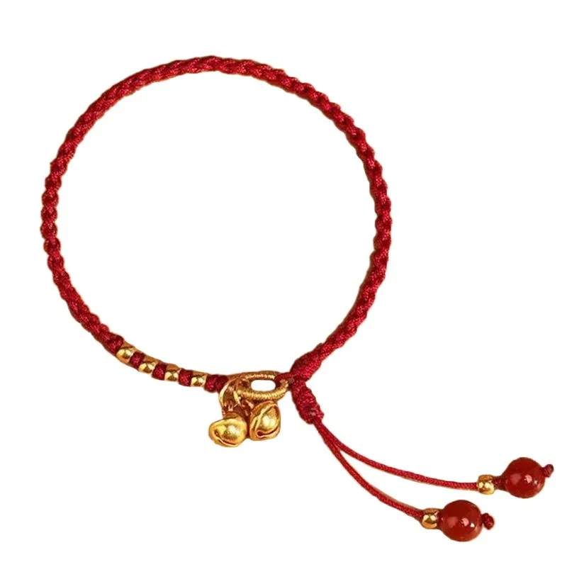 Ethnic Style Red String Bell Charm Bracelet for Women\'s Retro Handmade Niche Personality Accessories