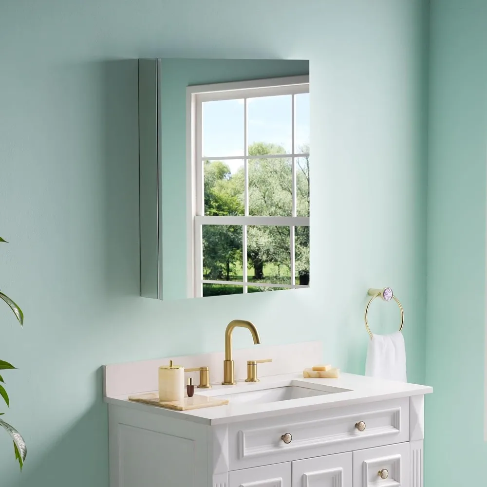 

24 x 30 Bathroom Medicine Cabinet, Anodized Chrome Aluminum Frame, Medicine Cabinet with Adjustable Glass Shelves