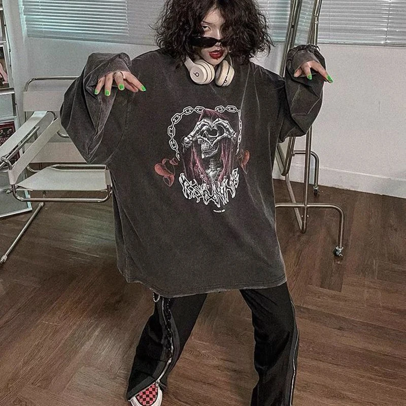 Dark Skeleton Love Print Women O Neck Long Sleeve T Shirt Fall Fashion Vintage Highstreet Hip Hop Loose Clothes Halloween Unisex