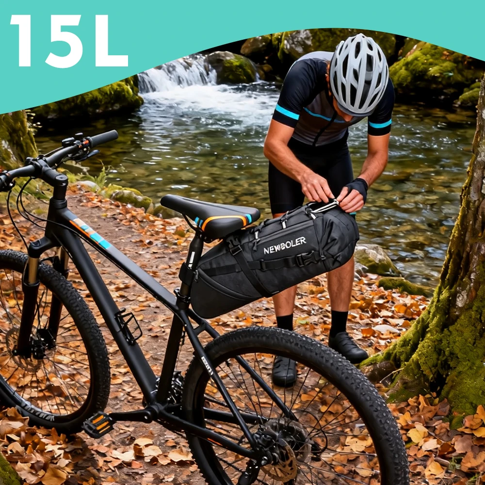 NEWBOLER Fahrradsatteltasche, wasserdicht, für MTB, Rennrad, 15 l, große Kapazität, Fahrradtasche, faltbar, Hecktasche, Zubehör für den Kofferraum – Detail 12