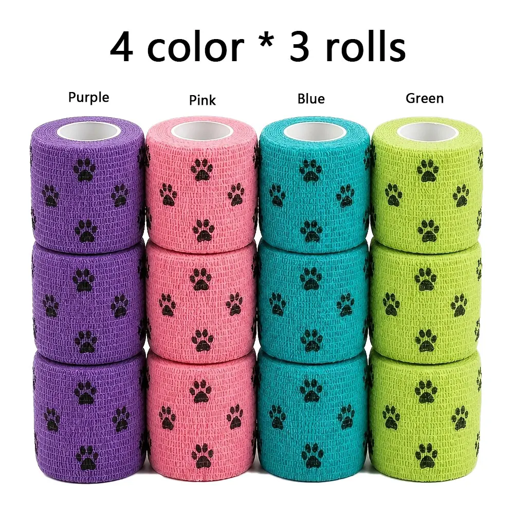 12 Rolls Non-Woven Self Adhesive Bandage Wrap, 4 Colors Claw Print Elastic Cohesive Tape, Breathable Pet Vet Sports First Aid Ta