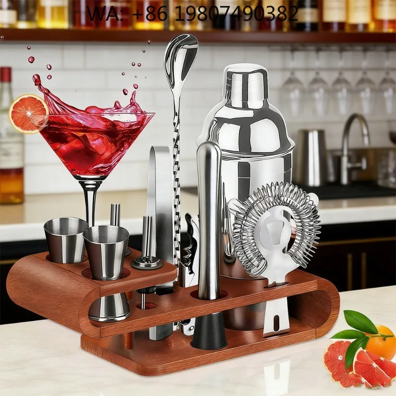 

11-Piece Bartender Supplies, Rustproof Stainless Steel Cocktail Boston Shaker With Wooden Stand, Daily Drink Mixing To