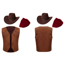 Kids Boys Brown Western Cowboy Cosplay Costume Fringe Vest Brown Hat and Bandanna Cowboy Suit for Halloween Carnival Dress Up