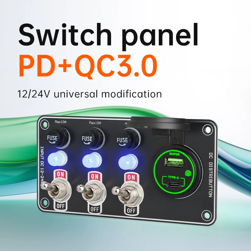 66W Super Charger Usb C QC3.012V 24V 3 Gang Rocker Switches Panel Fuse Holder With Light For Camping Car Boat RV Vehicle
