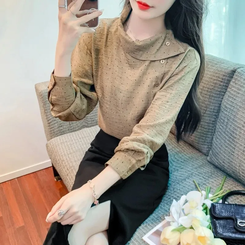 

Женская блузка в горошек с асимметричным воротником и длинными рукавами, офисный топ