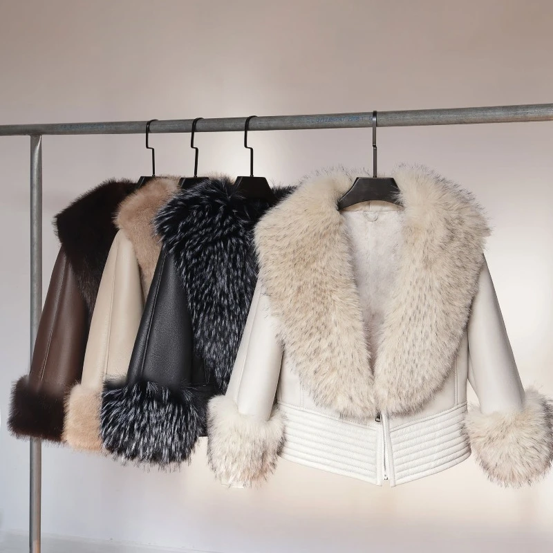 

Короткая куртка из искусственного меха с лацканами, кожаная и меховая молния, воротник из искусственной лисы, плюшевые пальто, роскошная уличная меховая куртка, пушистая, теплая, толстая, тонкая