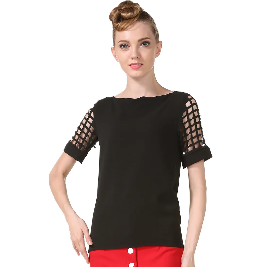 Summer Fashion Women Blouses & Shirts Hollow Out Sleeve Slash Neck Chiffon Blouse Plus Size