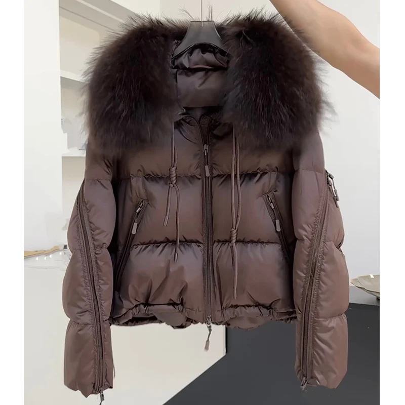 2025 moda inverno feminino ganso para baixo jaqueta natural gola de pele de guaxinim casacos parka puffer jaquetas outwear casacos