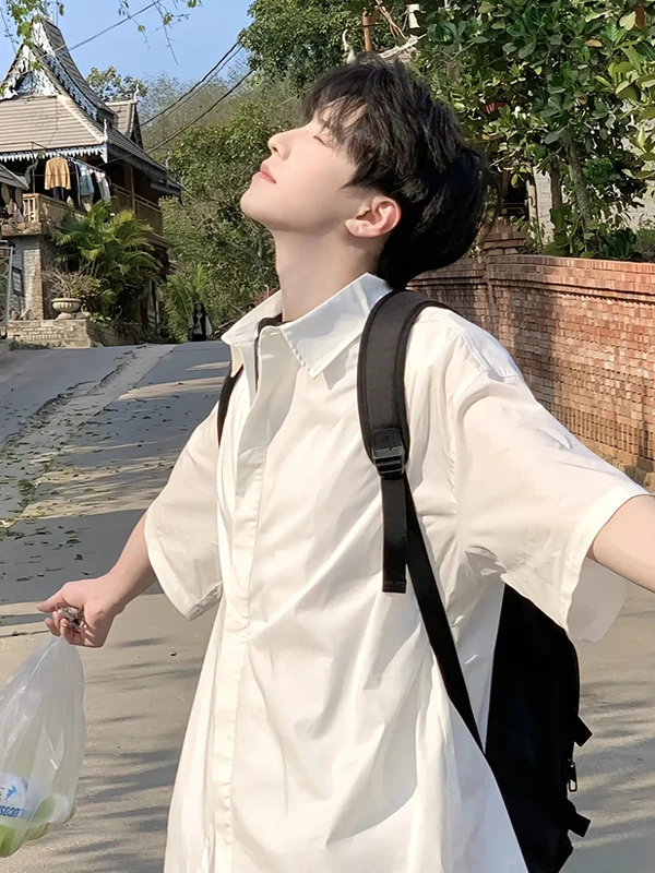 Cleanfit White Short Sleeve Men's Shirt Youthful Summer  Style Boys' Clothing Casual Shirt Jacket Loose Fit Non-iron