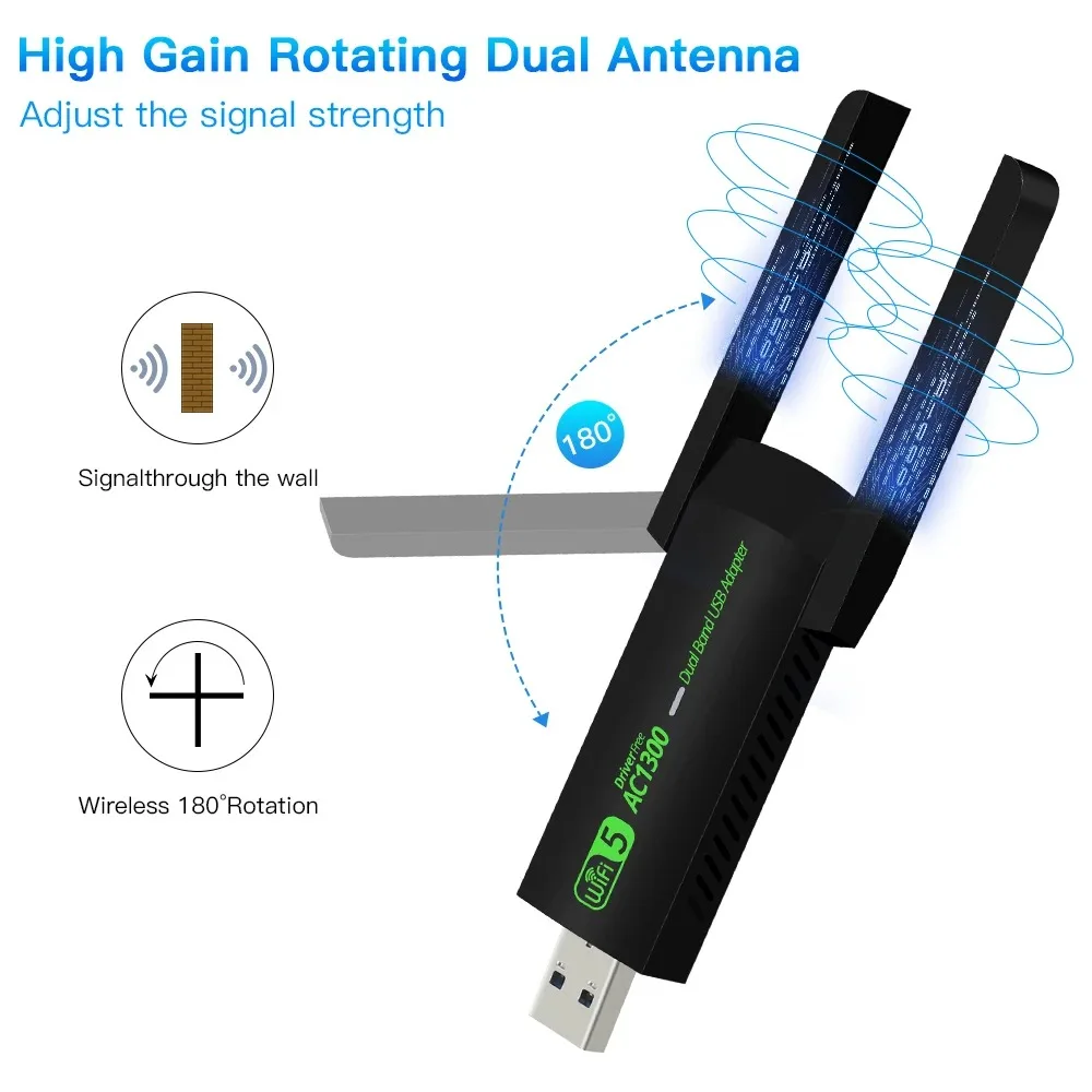 1300Mbps USB WiFi Adapter AC1300 WiFi 5 Ethernet Network Card Dual Band 5G 2.4G USB3.0 WiFi Dongle for PC Laptop WiFi Receiver