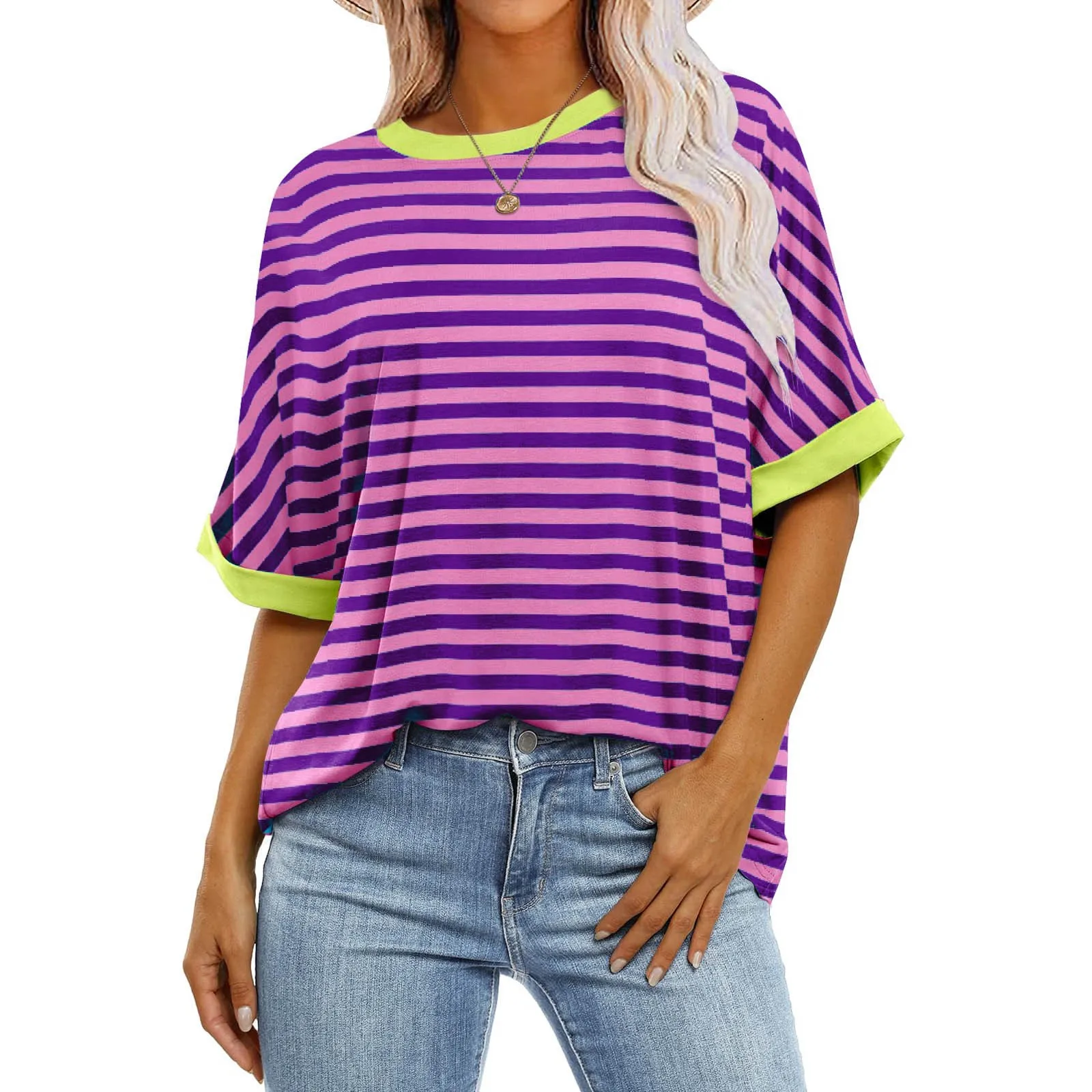 2024 Summer Women\'s T-Shirt Vintage Casual Striped Fashion V Neck Pullover Short Sleeve Printed Loose Daily Tops Design Clothes