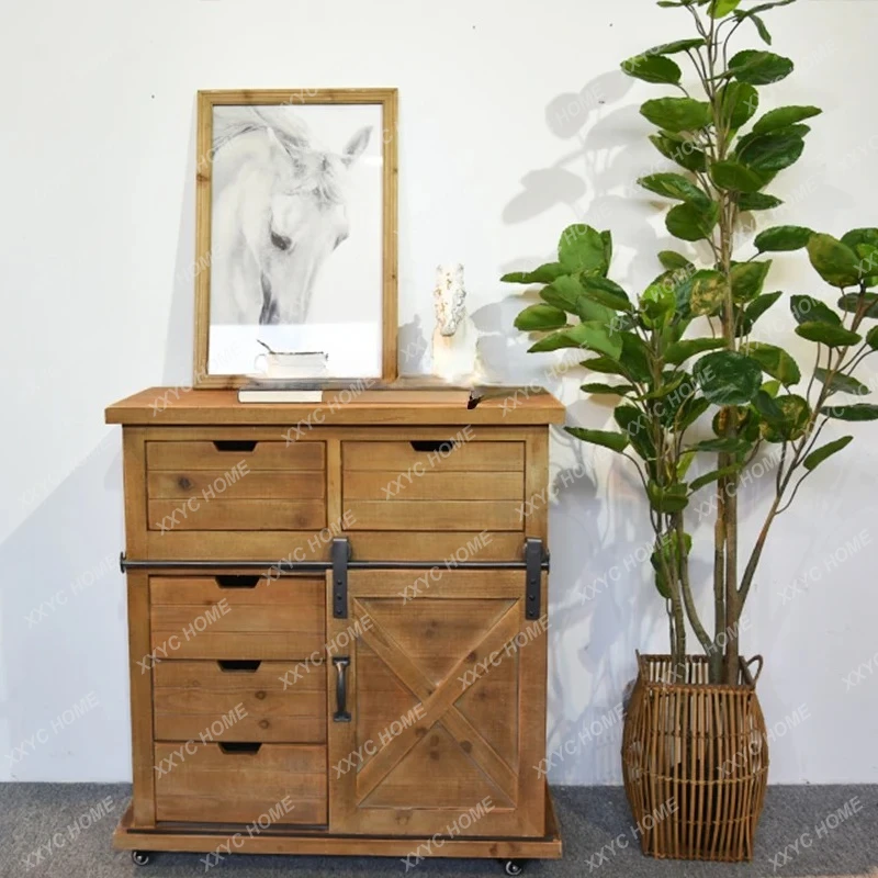 Y American rural retro industrial wind chest cabinet with roller movable whole storage cabinet living room