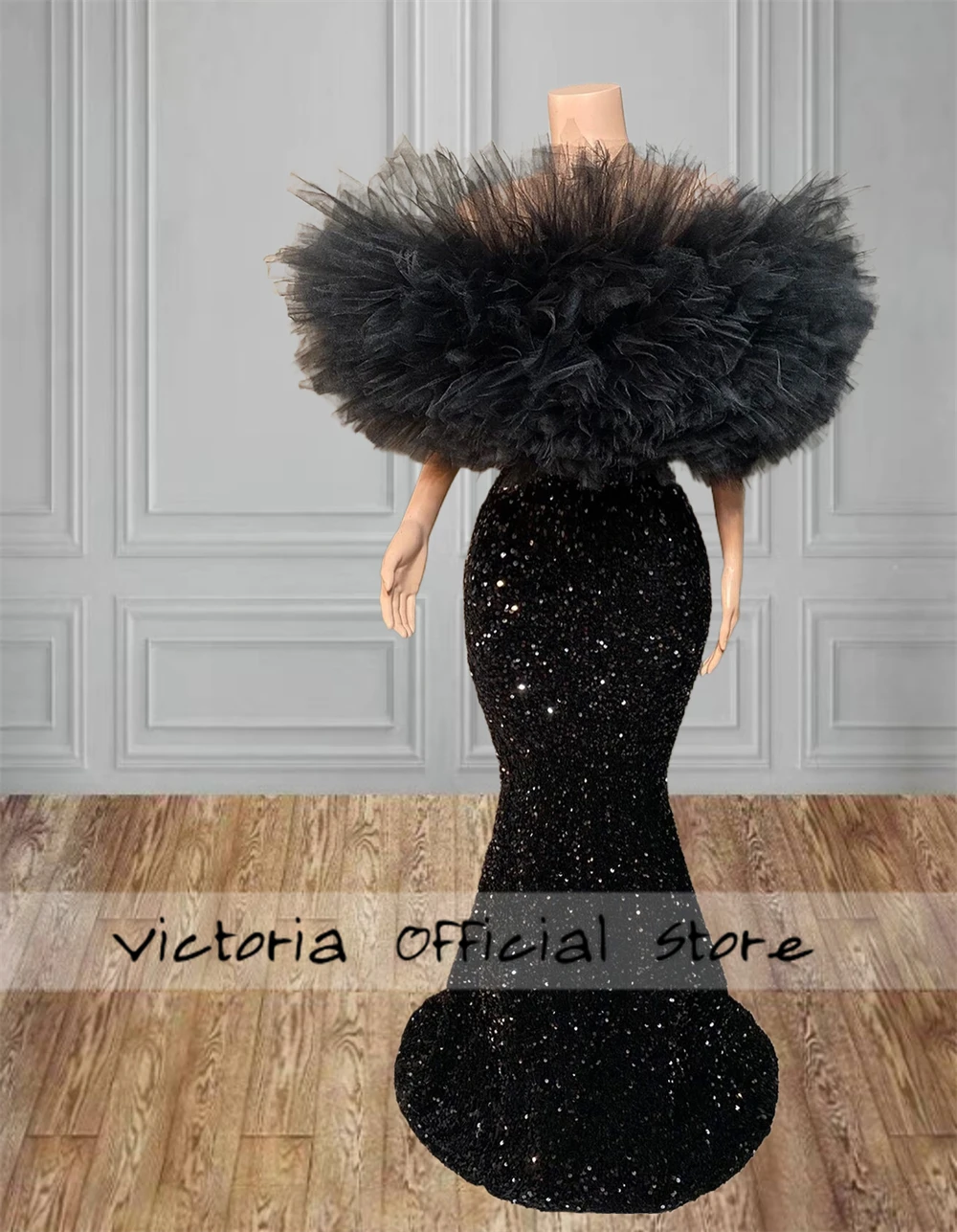 Abiti da ballo a sirena con volant scintillanti neri 2025 Abiti su misura con spalle scoperte Sirena in velluto da sera Compleanno Gala Party Personalizzato