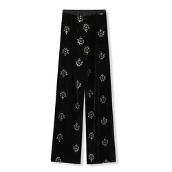 Early Autumn New Chinese Style Elastic High Waisted Loose Velvet Pants With High-End Embroidered Design For Women S-L