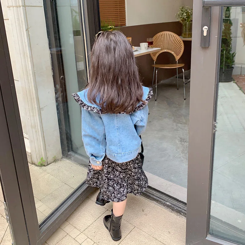 2022 Spring Autumn Girls\' Clothing Sets New Girls Cute Lapel Denim Top +Floral Dress Two-Piece Set Children Girls Clothes Suit